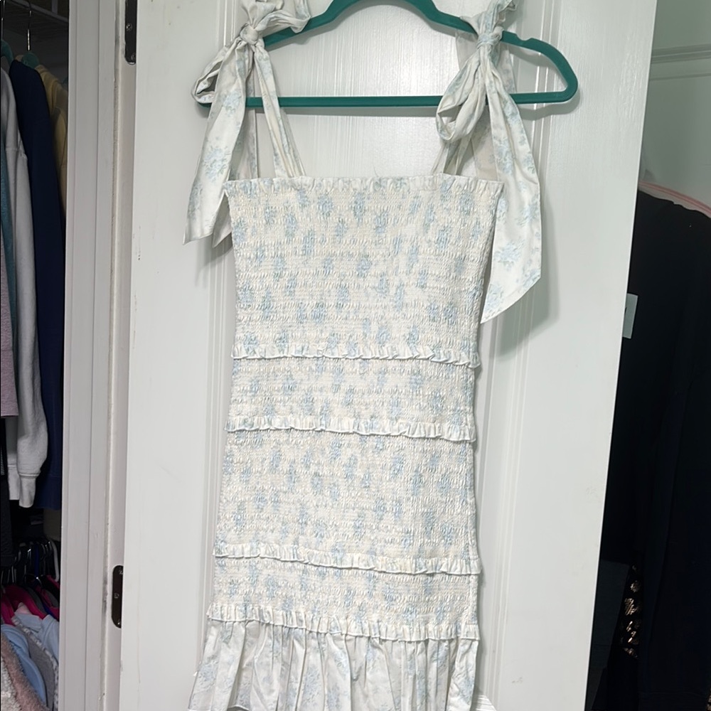 Light Blue and White Smocked Hydrangea Tie-Shoulder Sundress